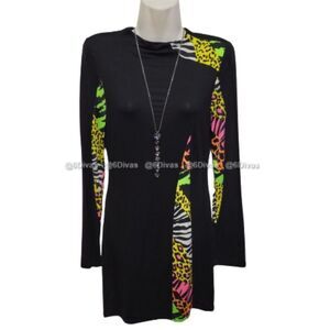 Sexy Black Dress Colorful Animal Print Long Sleeve- Size S, Size  L